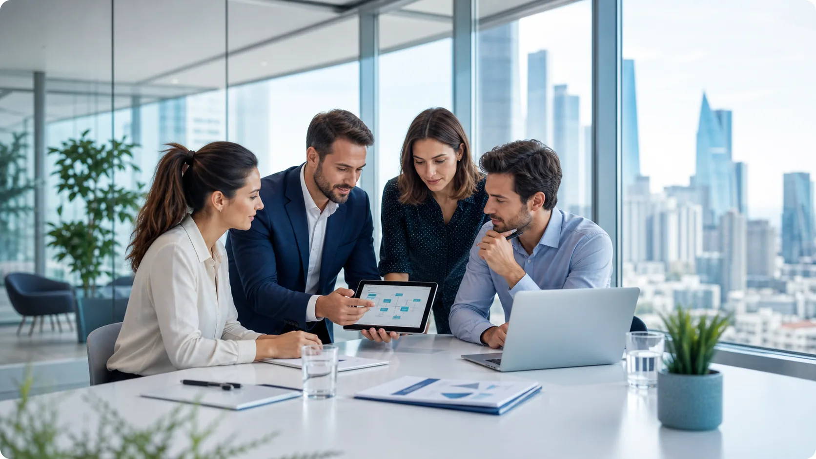 Equipo de consultoría revisando un mapa de procesos en una oficina luminosa