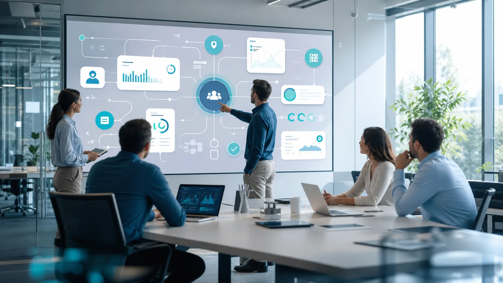 Equipo trabajando con un dashboard conectado y flujos operativos integrados