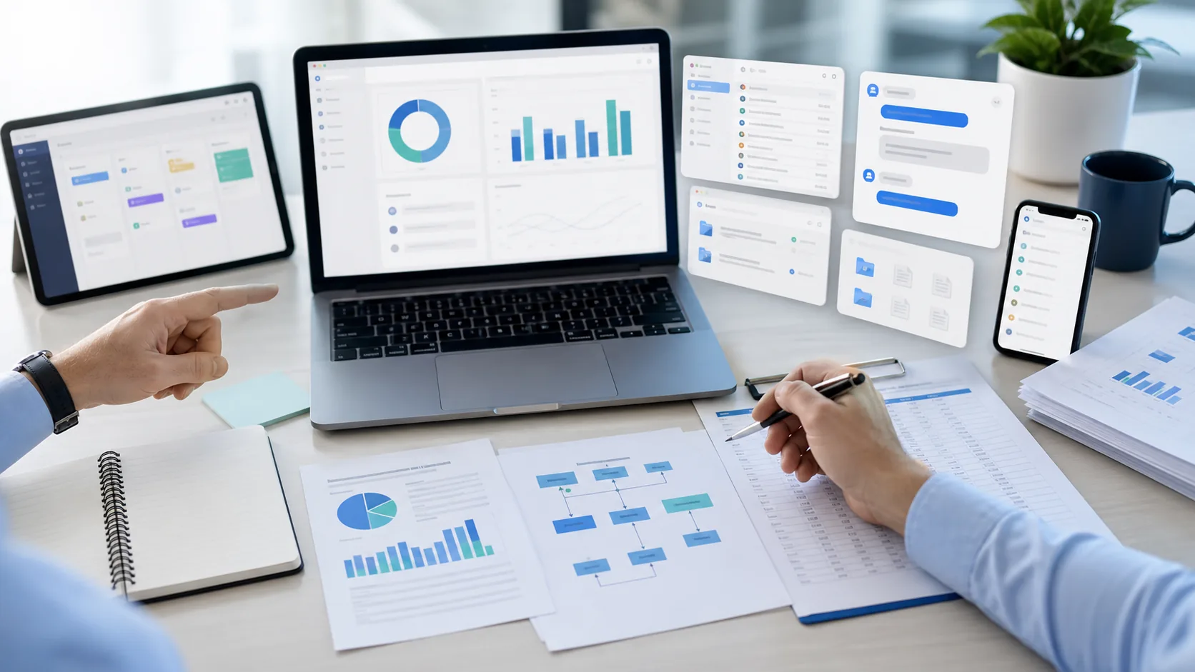 Mesa de oficina con herramientas y documentos desconectados