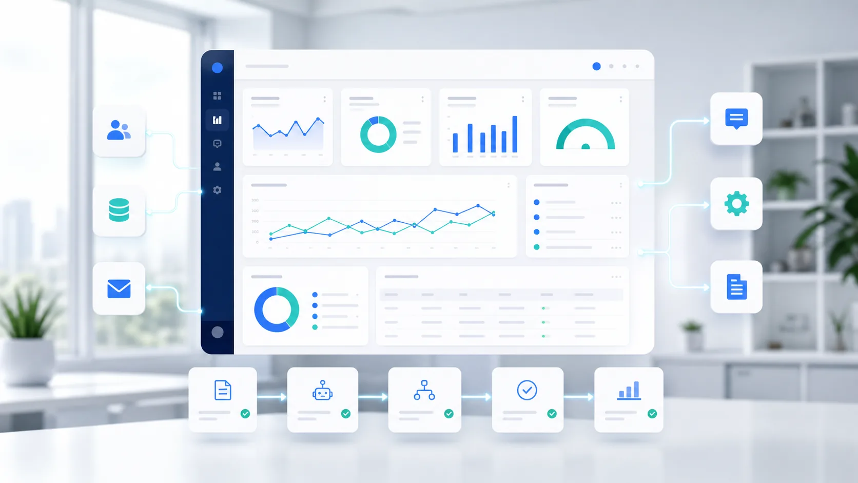Dashboard de sistema inteligente con indicadores y automatizaciones conectadas